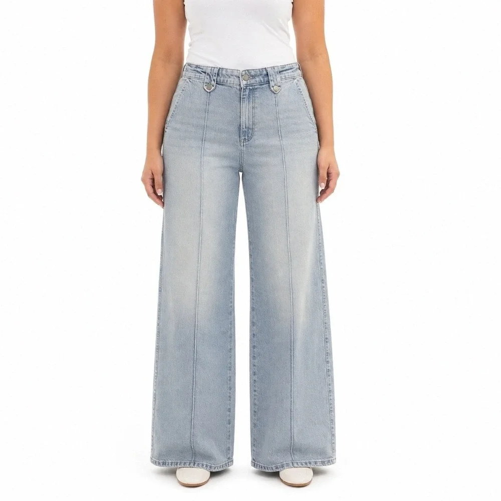 Michael Kors Womens Wide Leg Jeans Light Stone Wash Front Seam QS6907RL0KSize 10